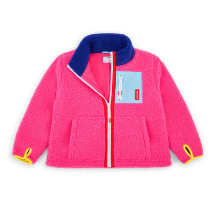 Casaco polar infantil fuchsia com bolso azul e detalhes amarelos Hello Hossy