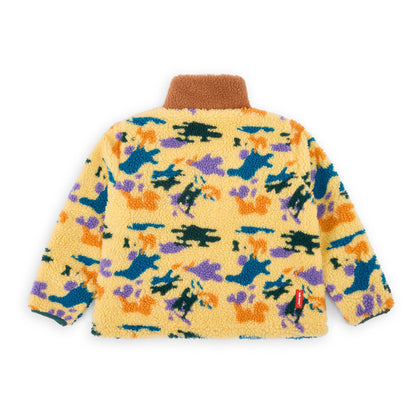 Casaco polar infantil amarelo com padrão camouflage violeta e laranja Hello Hossy