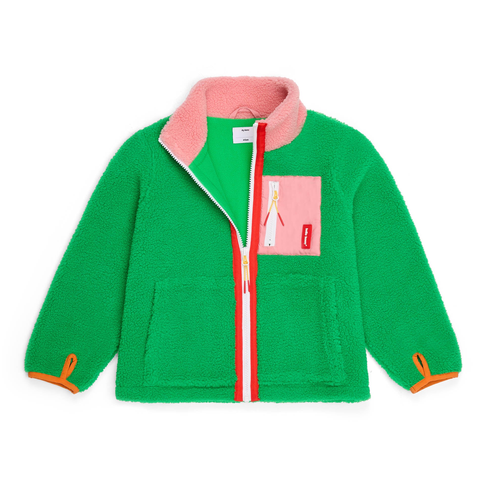 Casaco polar infantil verde e rosa visto de frente Hello Hossy