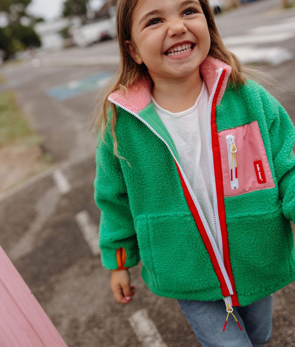 Casaco polar infantil verde e rosa Hello Hossy