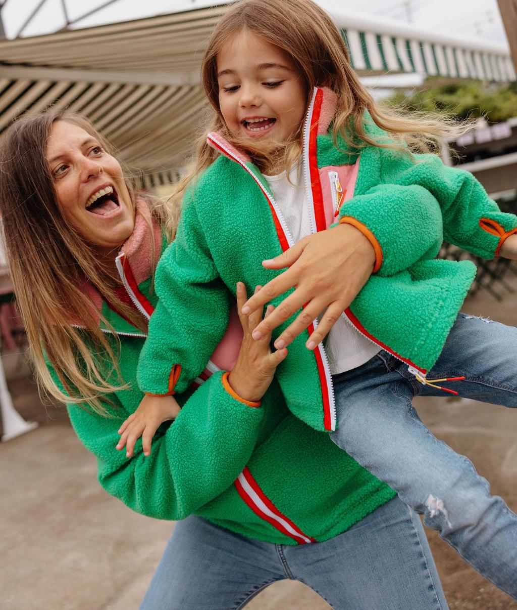 Casaco polar bicolor rosa e verde para adulto e criança, vestido, Hello Hossy