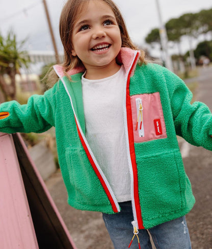Casaco polar bicolor rosa e verde para criança, usado, Hello Hossy