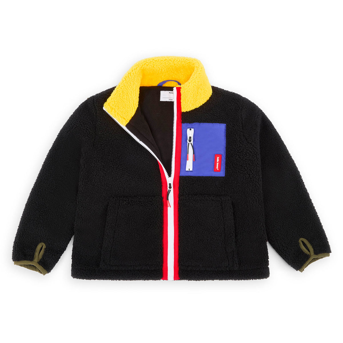 Casaco polar infantil preto, gola amarela, bolso azul com fecho Hello Hossy
