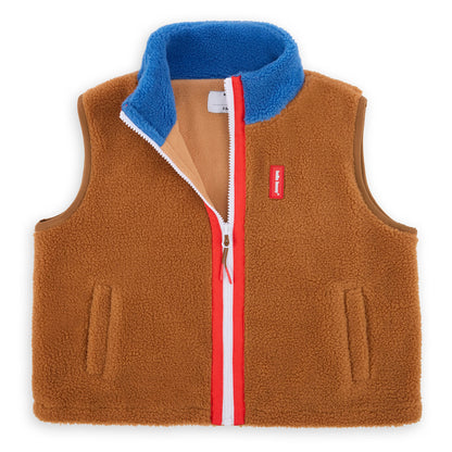 Colete polar infantil Camel com interior azul e fecho vermelho Hello Hossy