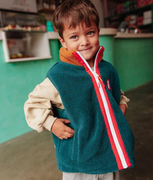 Colete polar infantil azul e castanho, fecho às riscas Hello Hossy