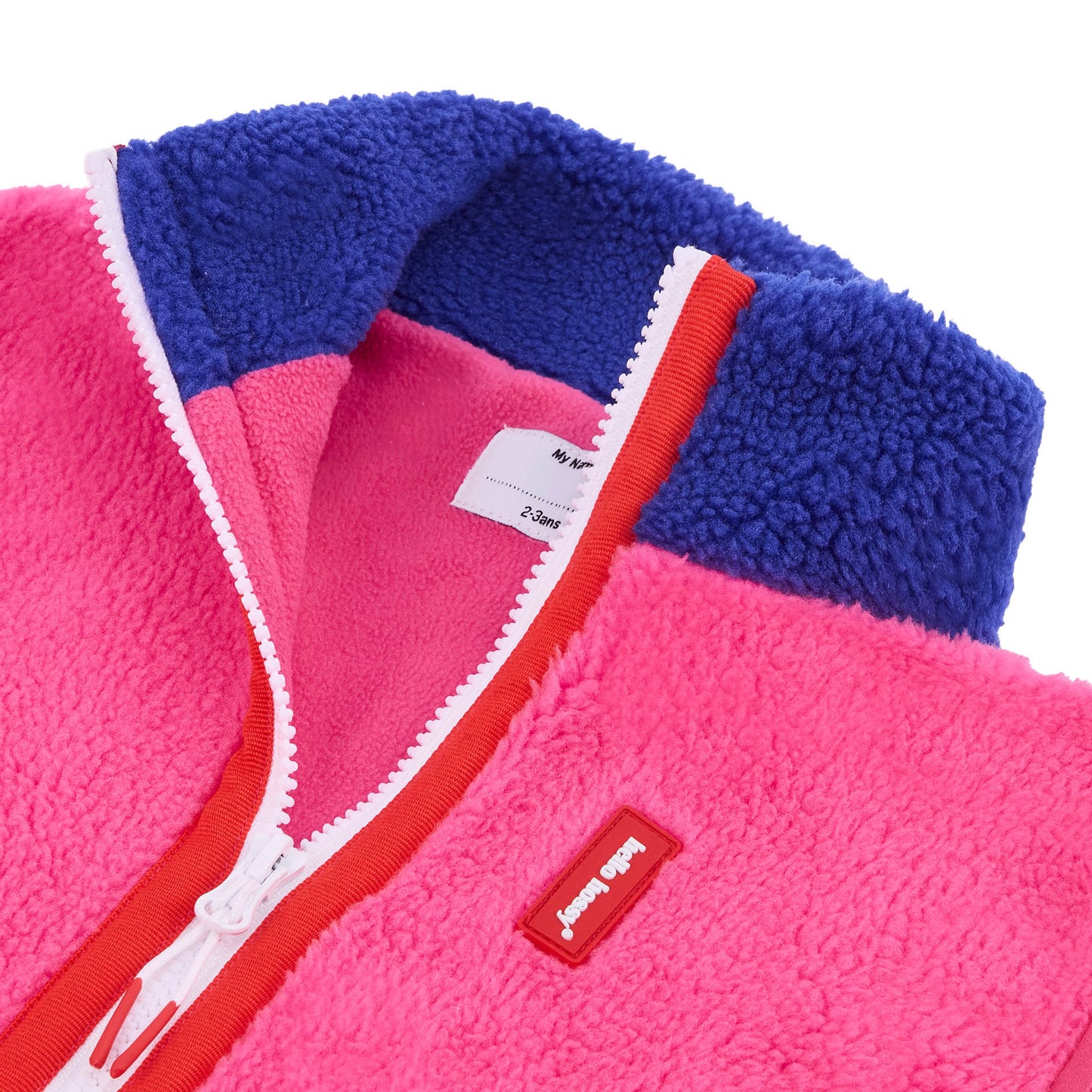 Colete polar fuchsia para criança, gola azul e fecho de correr, Hello Hossy