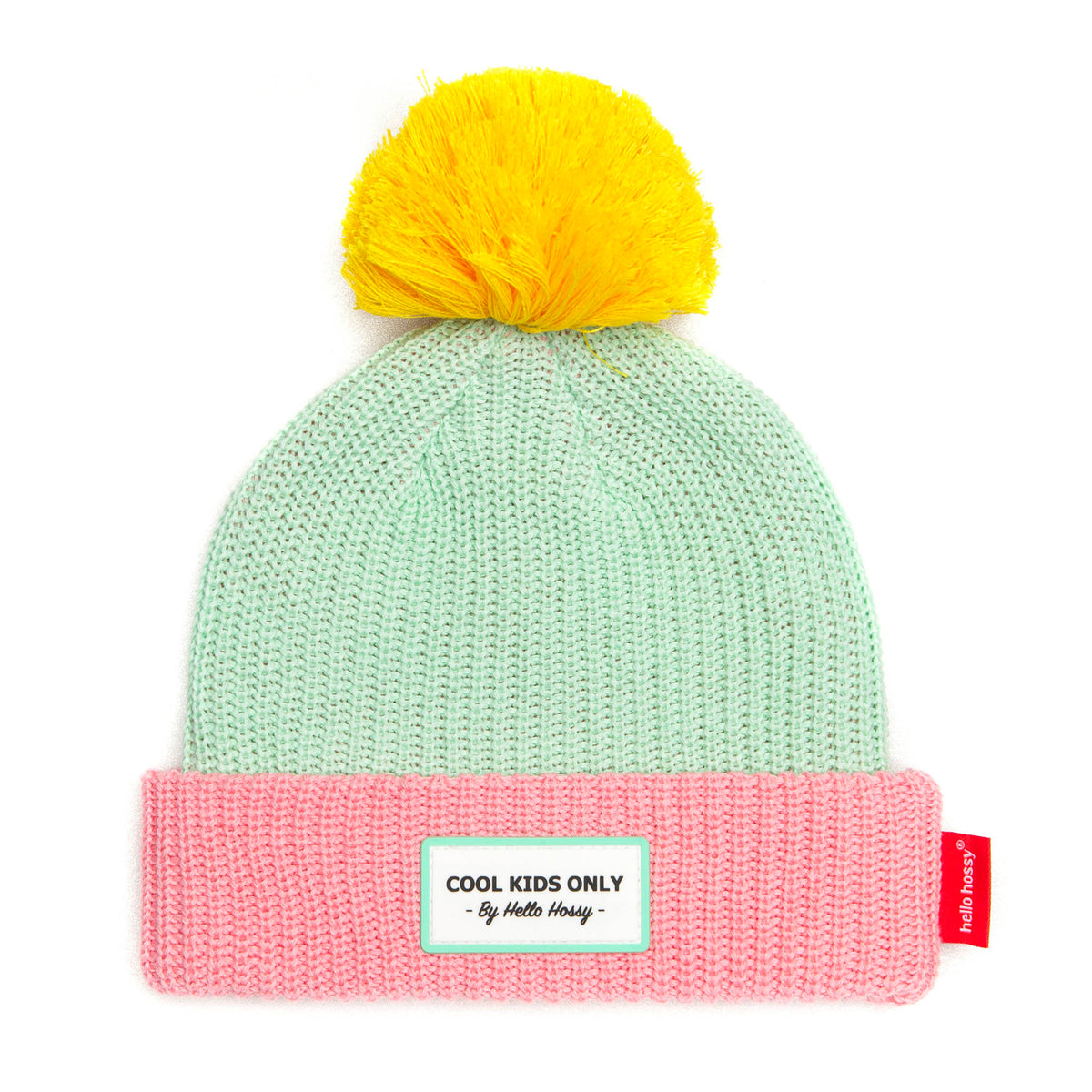 Gorro infantil verde, gorro rosa, pompom amarelo, etiqueta bordada Hello Hossy
