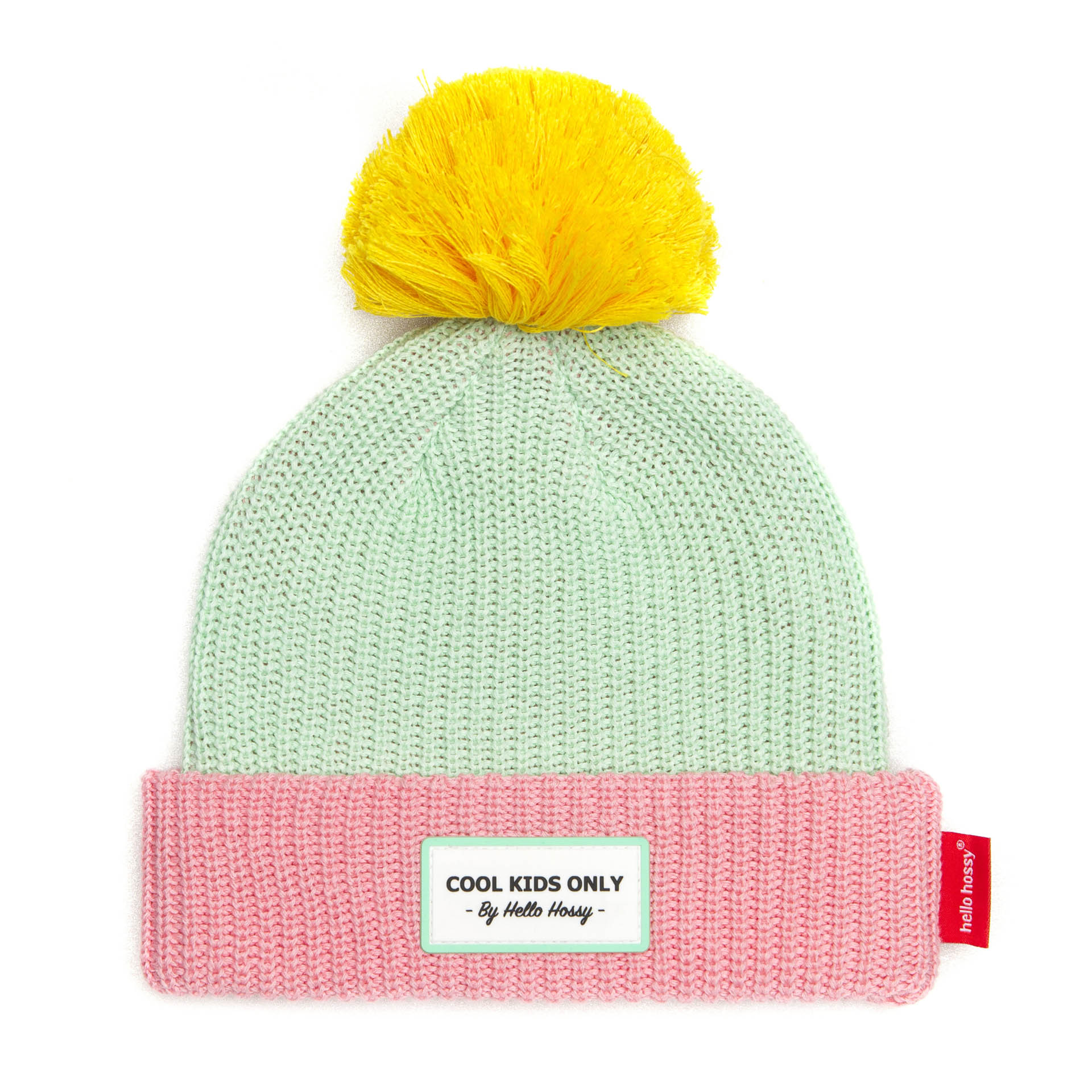 Gorro infantil verde, gorro rosa, pompom amarelo, etiqueta bordada Hello Hossy