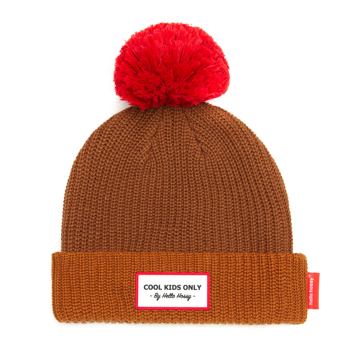 Gorro infantil castanho com pompom vermelho e etiqueta bordada Hello Hossy
