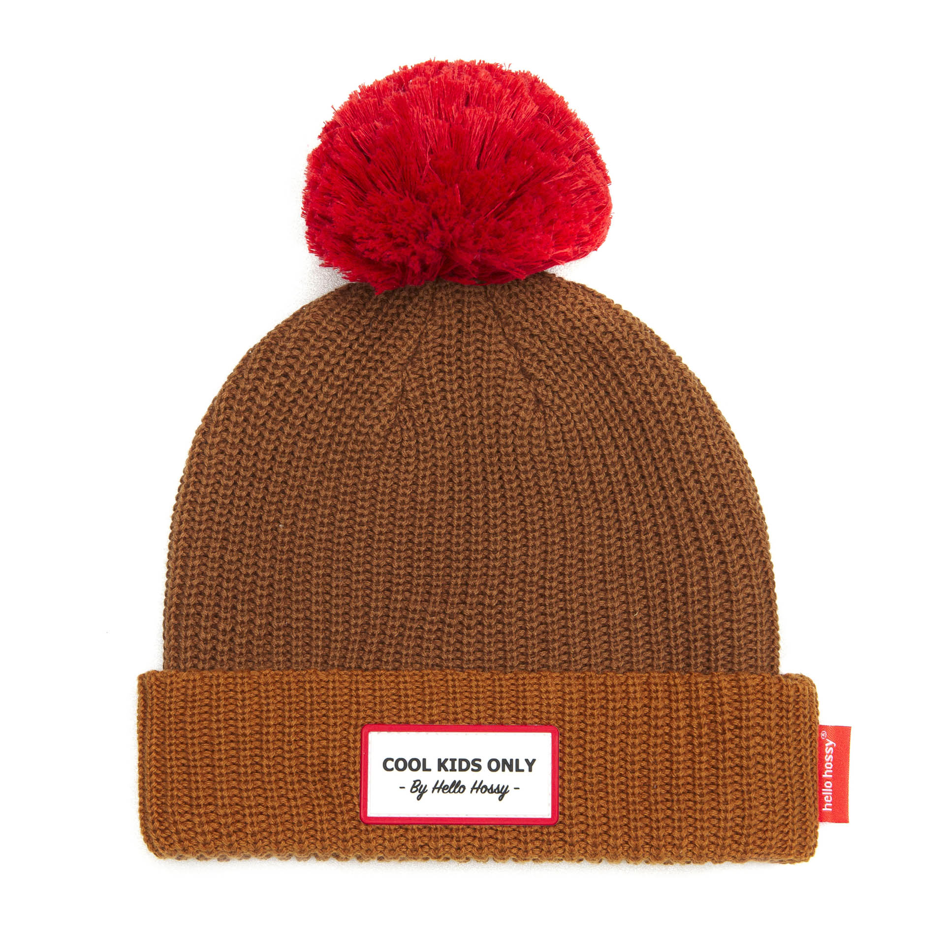 Gorro infantil castanho com pompom vermelho e etiqueta bordada Hello Hossy