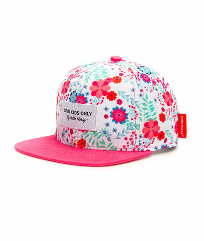 Boné de criança branco com estampado de flores, pala rosa e bordado Hello Hossy