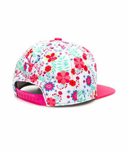 Boné infantil com estampado de flores branco e rosa, pala reta, Hello Hossy