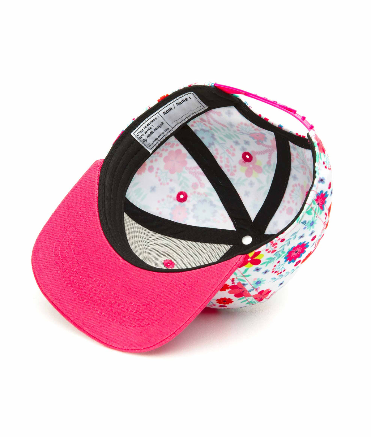 Boné infantil branco e rosa com estampado de flores, pala reta Hello Hossy