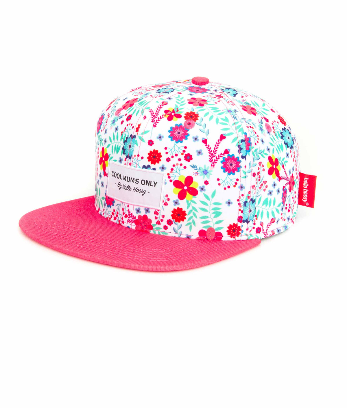 Boné infantil com estampado de flores branco e rosa, pala reta, Hello Hossy