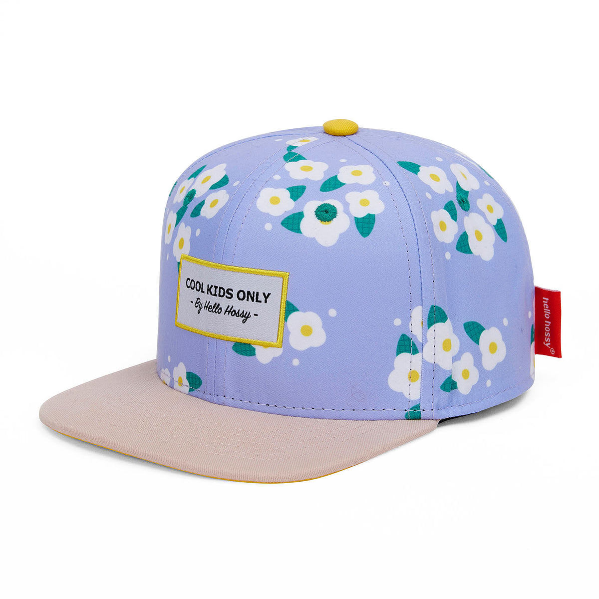 Boné infantil violeta com estampado de flores, pala reta bege e bordado Hello Hossy