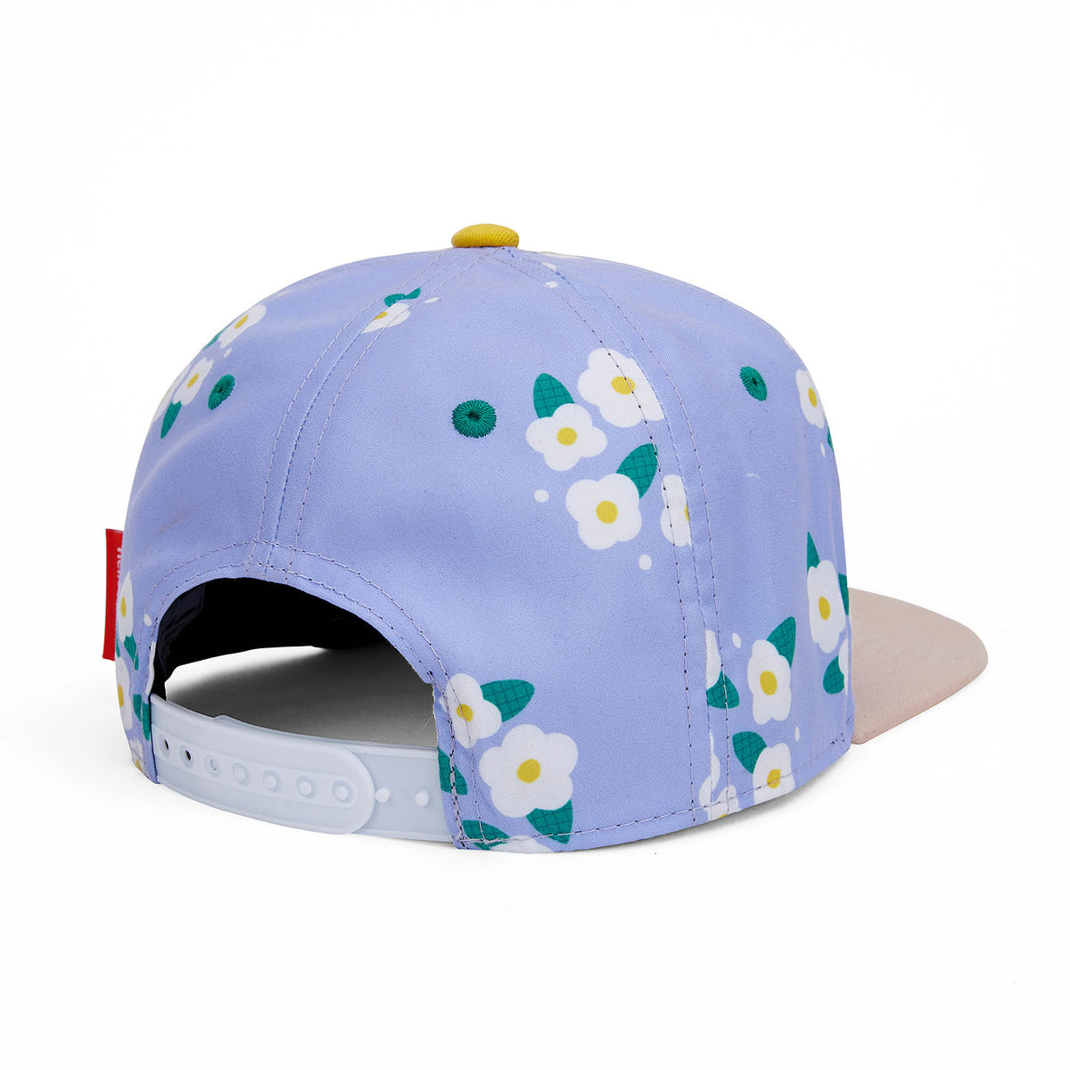 Boné infantil violeta com padrão de flores, pala plana rosa Hello Hossy