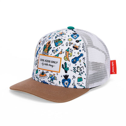 Boné infantil branco com estampado colorido e pala castanha Hello Hossy