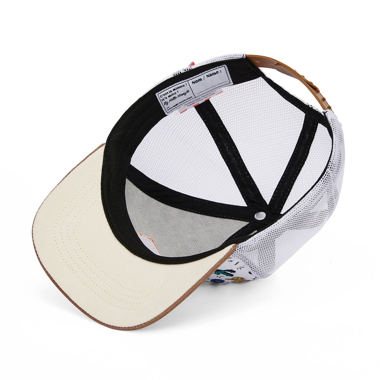 Boné infantil branco e azul, pala curva, rede traseira ajustável, Hello Hossy