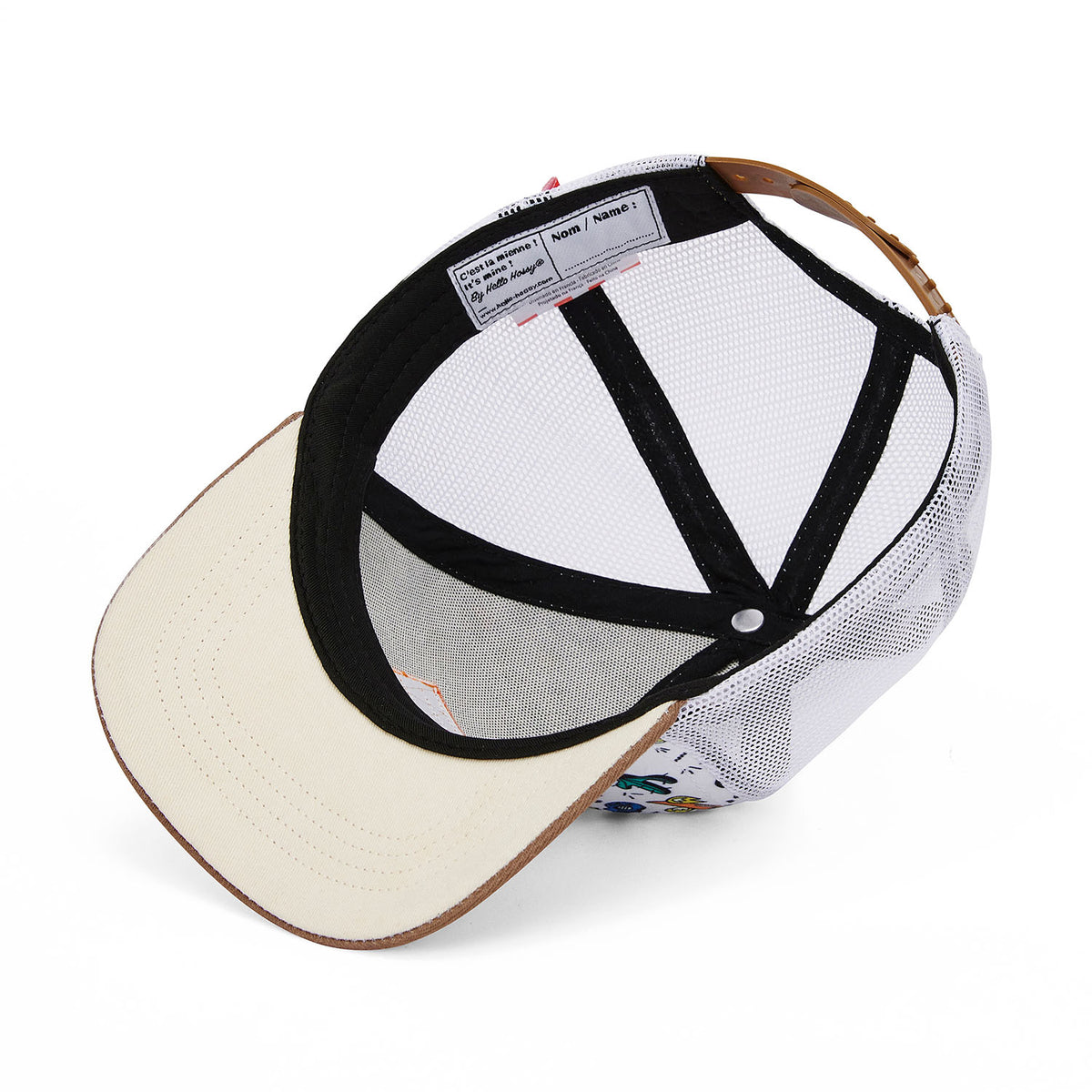 Boné infantil branco e azul, pala curva, rede traseira ajustável, Hello Hossy