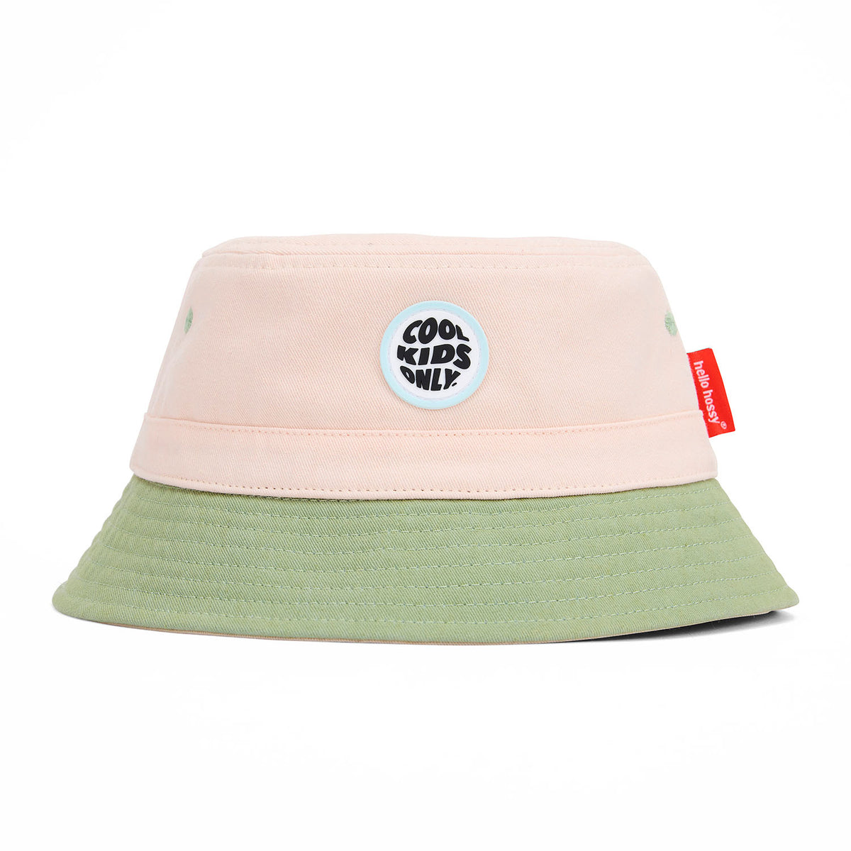 Chapéu bucket infantil bege e verde, bordado Cool Kids Only Hello Hossy