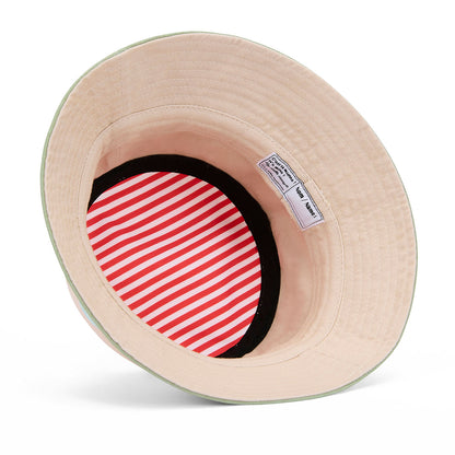 Chapéu bucket infantil bege com interior às riscas vermelho e branco Hello Hossy