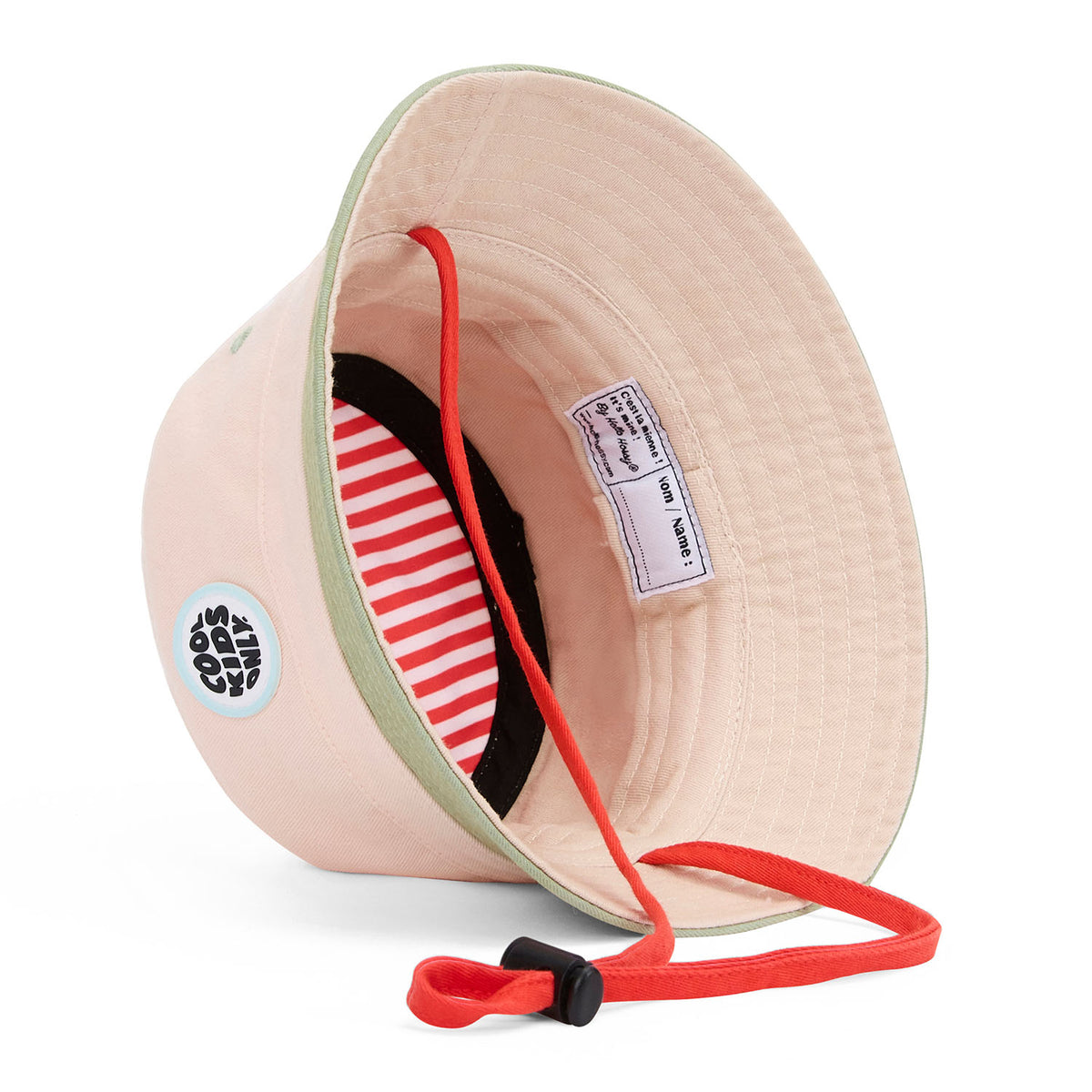 Chapéu bucket infantil bege com interior às riscas vermelhas e verdes e alça ajustável Hello Hossy