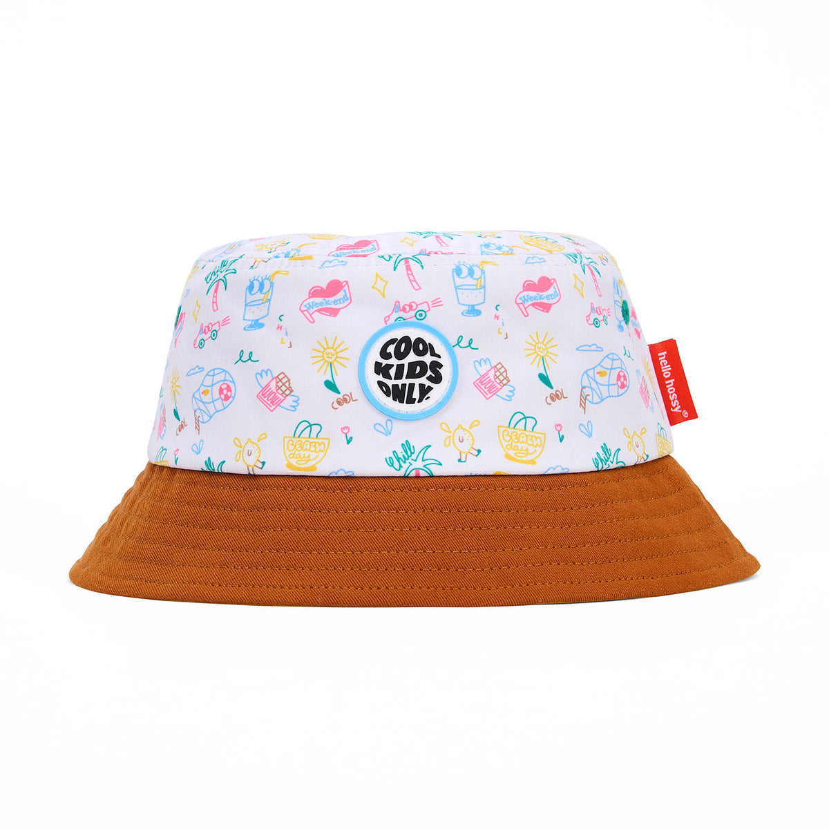 Chapéu bucket infantil branco com padrão de viagem, estampado colorido e rebordo castanho Hello Hossy