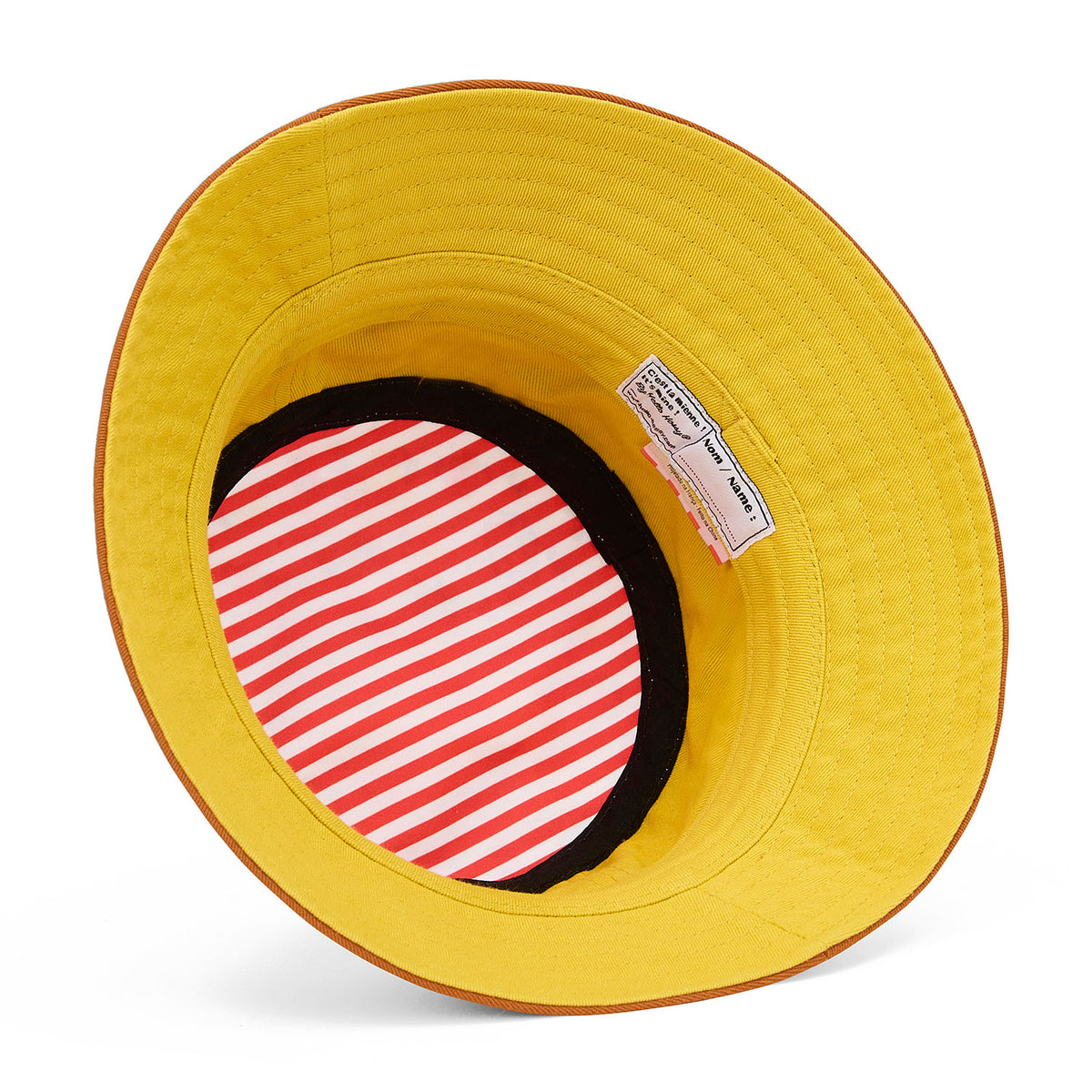 Chapéu bucket infantil branco com rebordo castanho e interior às riscas vermelho e branco Hello Hossy