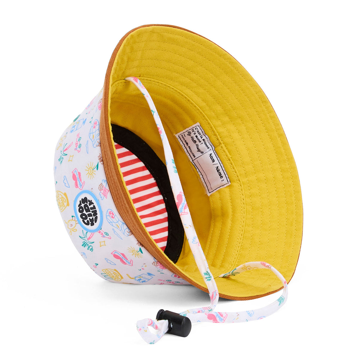 Chapéu bucket infantil branco com padrão de viagem e interior amarelo Hello Hossy