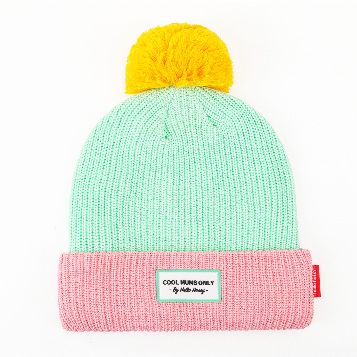 Gorro infantil verde pastel, pompom amarelo, rebordo rosa Hello Hossy